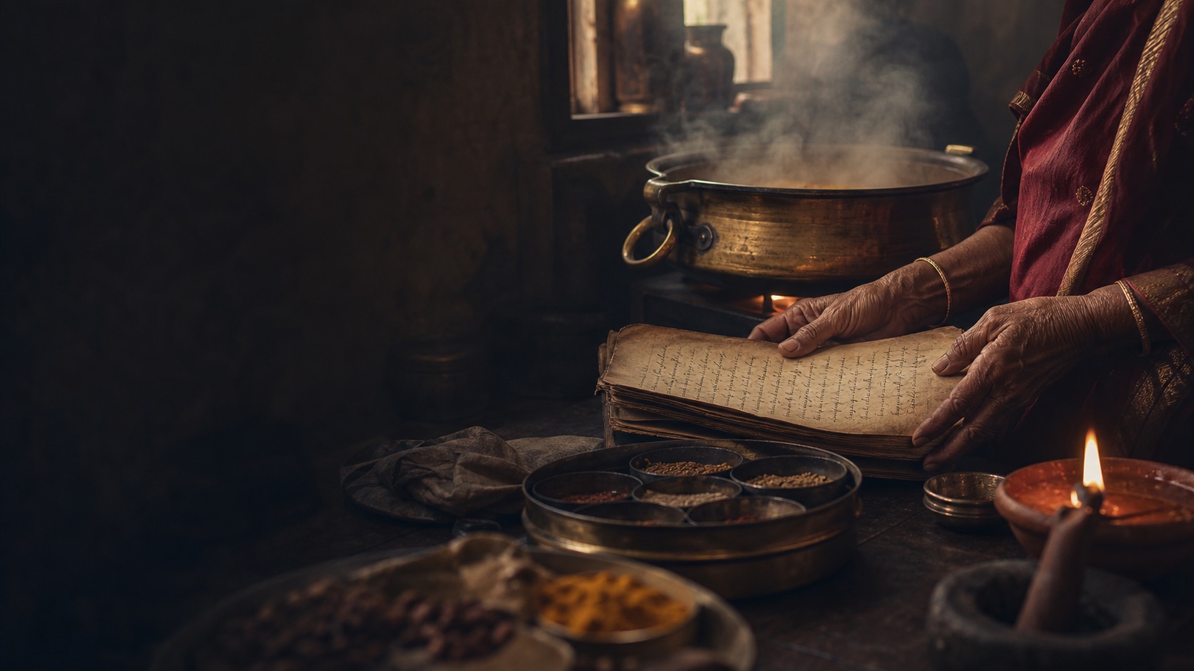 Hands preserving an old family recipe in an Indian kitchen